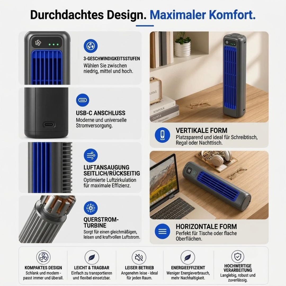 Smarter Tischkühler | Mobiler USB-Luftkühler mit Akku