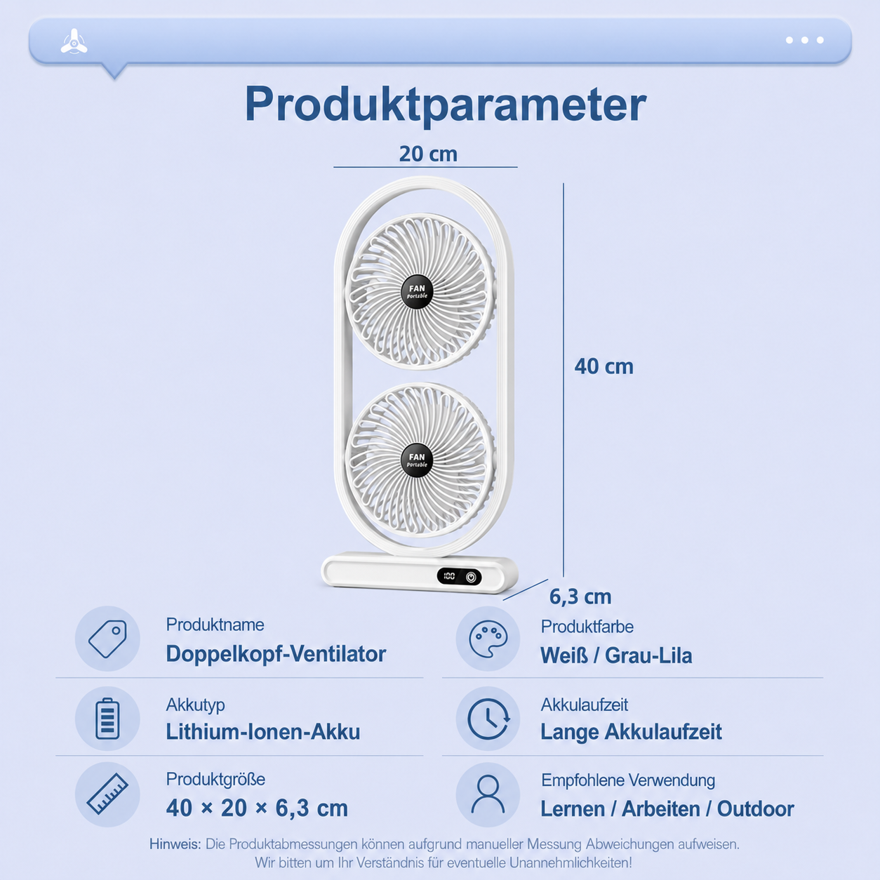 S30 DuoBreeze | Kabelloser Doppelkopf-Ventilator mit Akku