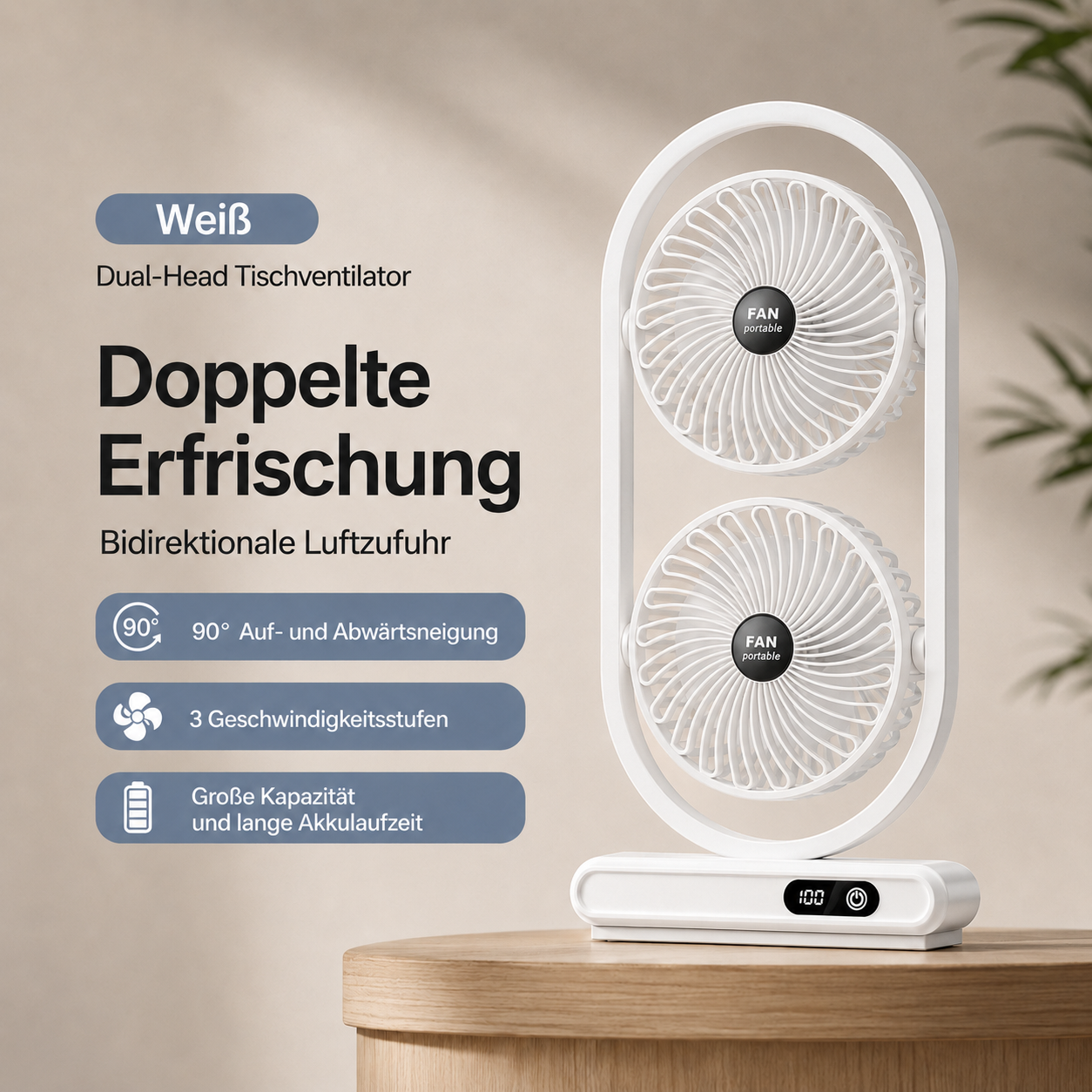 S30 DuoBreeze | Kabelloser Doppelkopf-Ventilator mit Akku