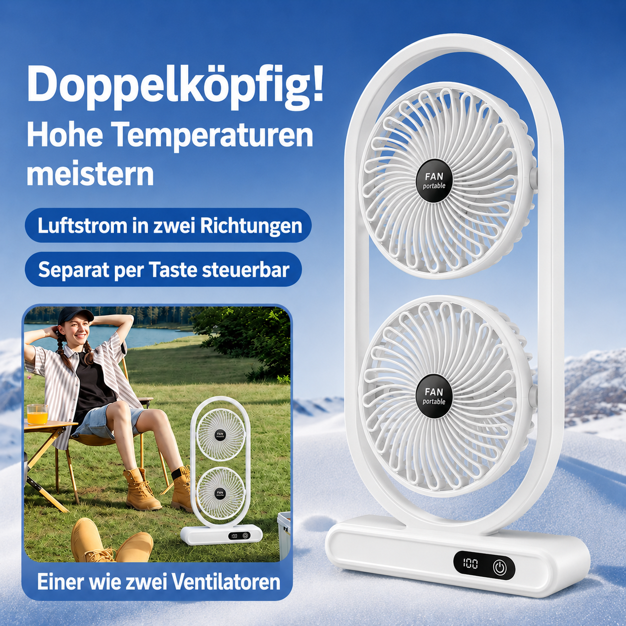 S30 DuoBreeze | Kabelloser Doppelkopf-Ventilator mit Akku