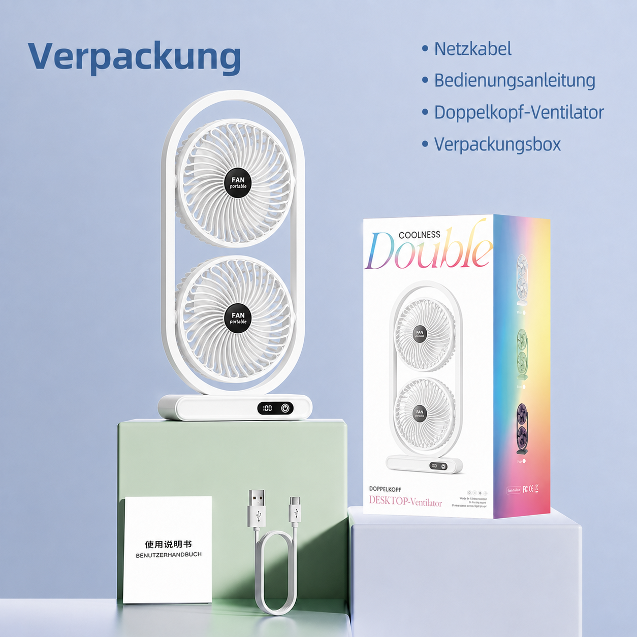 S30 DuoBreeze | Kabelloser Doppelkopf-Ventilator mit Akku