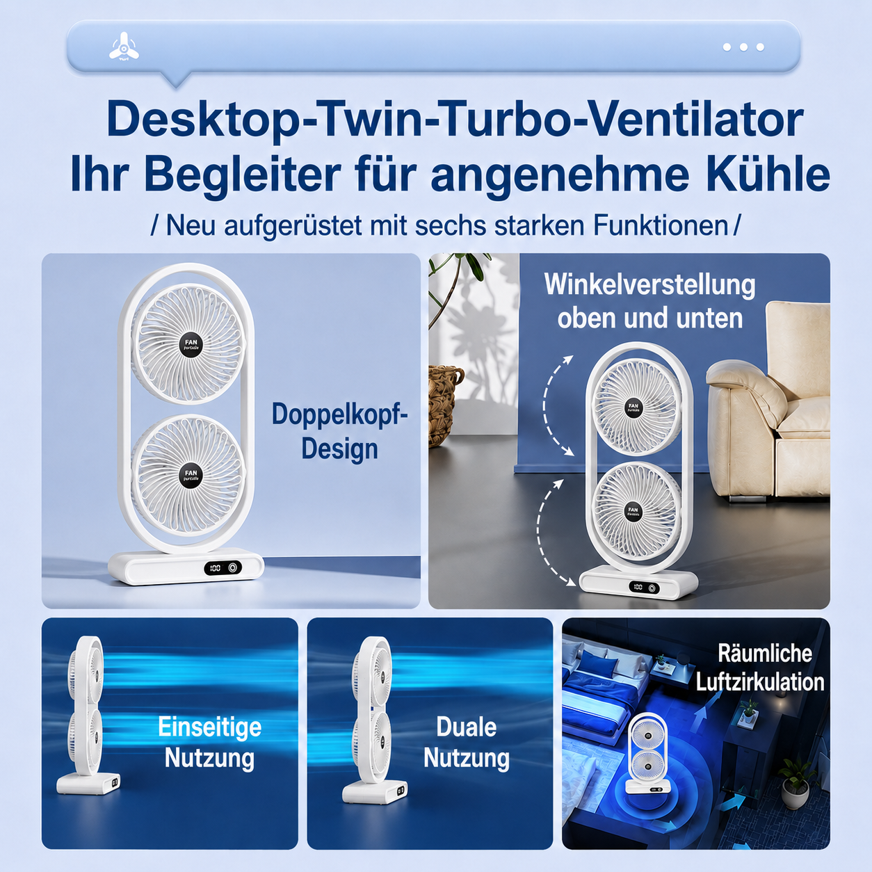 S30 DuoBreeze | Kabelloser Doppelkopf-Ventilator mit Akku